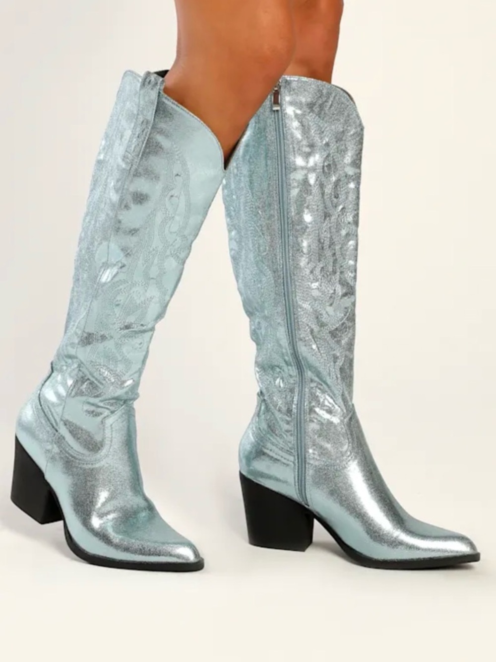 Lulus Oril Blue Metallic Pointed-Toe Knee-High Boots
